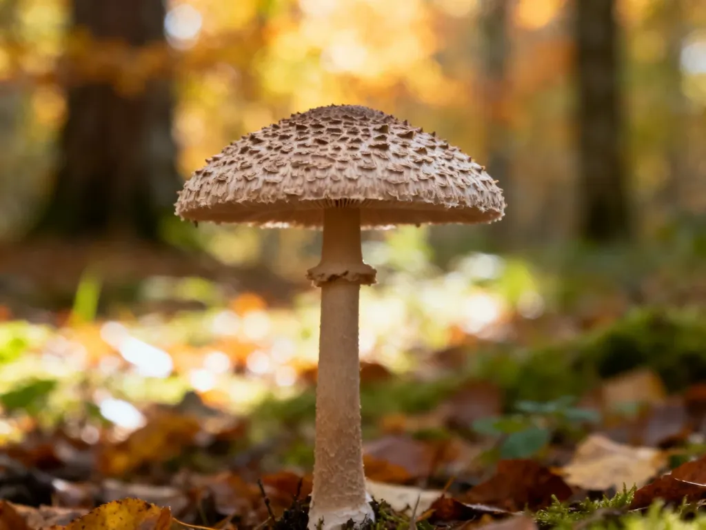 Pojedyncza kania z charakterystycznym łuskowatym kapeluszem rosnąca w naturalnym, leśnym otoczeniu.