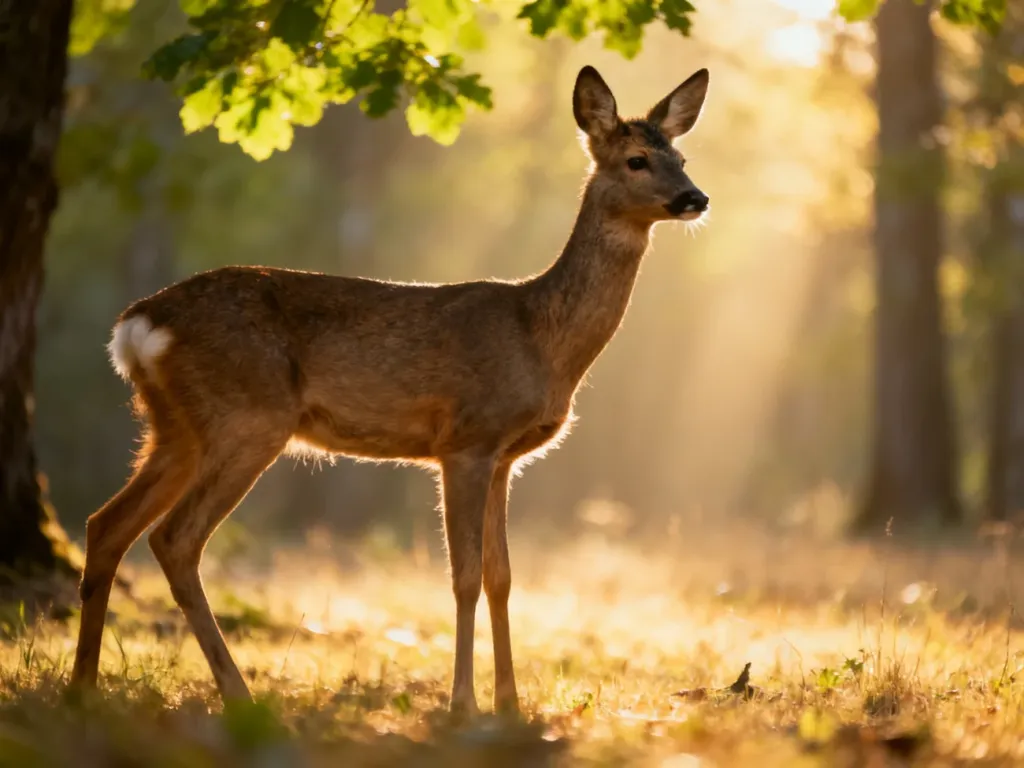 Sarna stojąca na leśnej polanie w promieniach słońca, ukazująca naturalną sylwetkę i umaszczenie zwierzęcia.