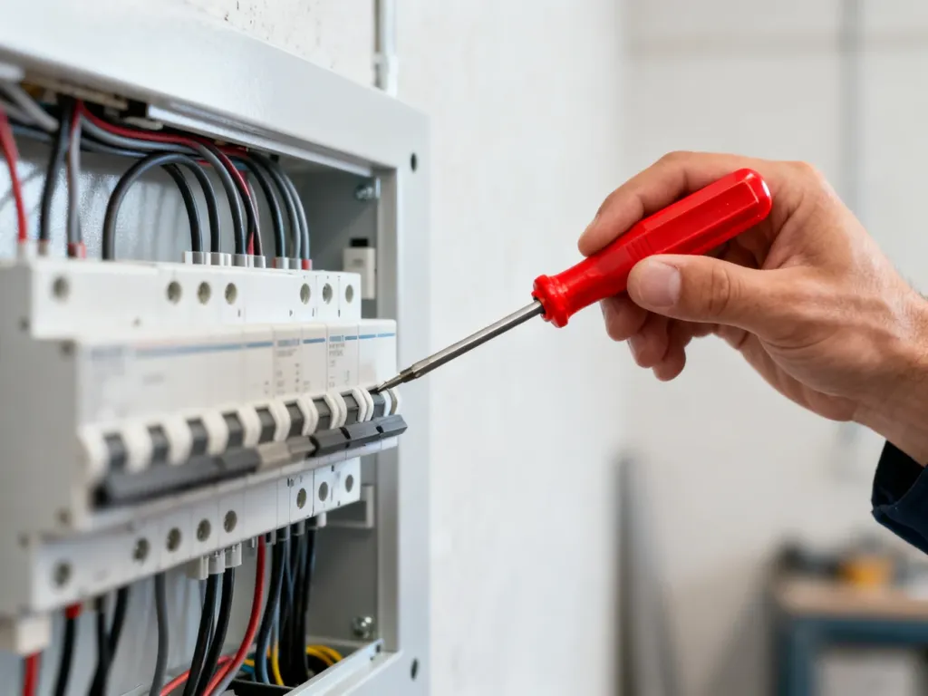 Elektryk używający śrubokręta przy nowoczesnej rozdzielnicy elektrycznej z uporządkowanym okablowaniem.