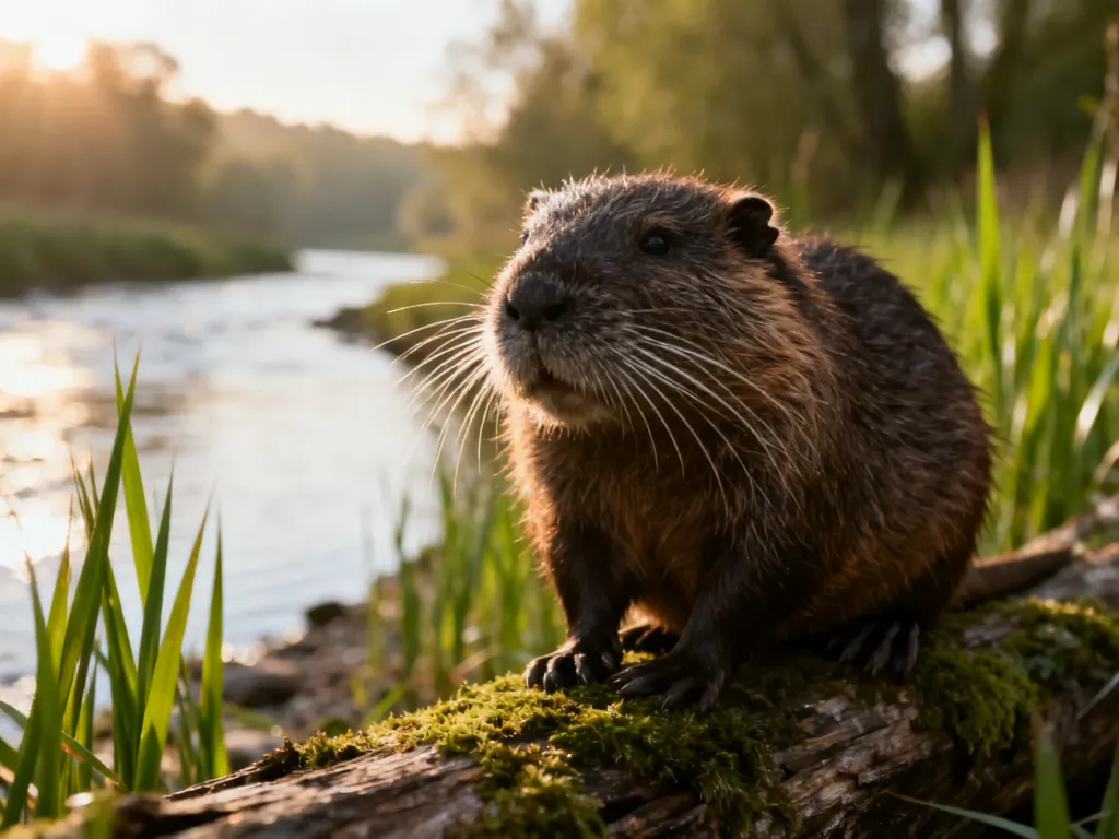 Nutria siedząca na omszałym pniu nad brzegiem rzeki, ukazująca szczegóły futra i wibrysy zwierzęcia.