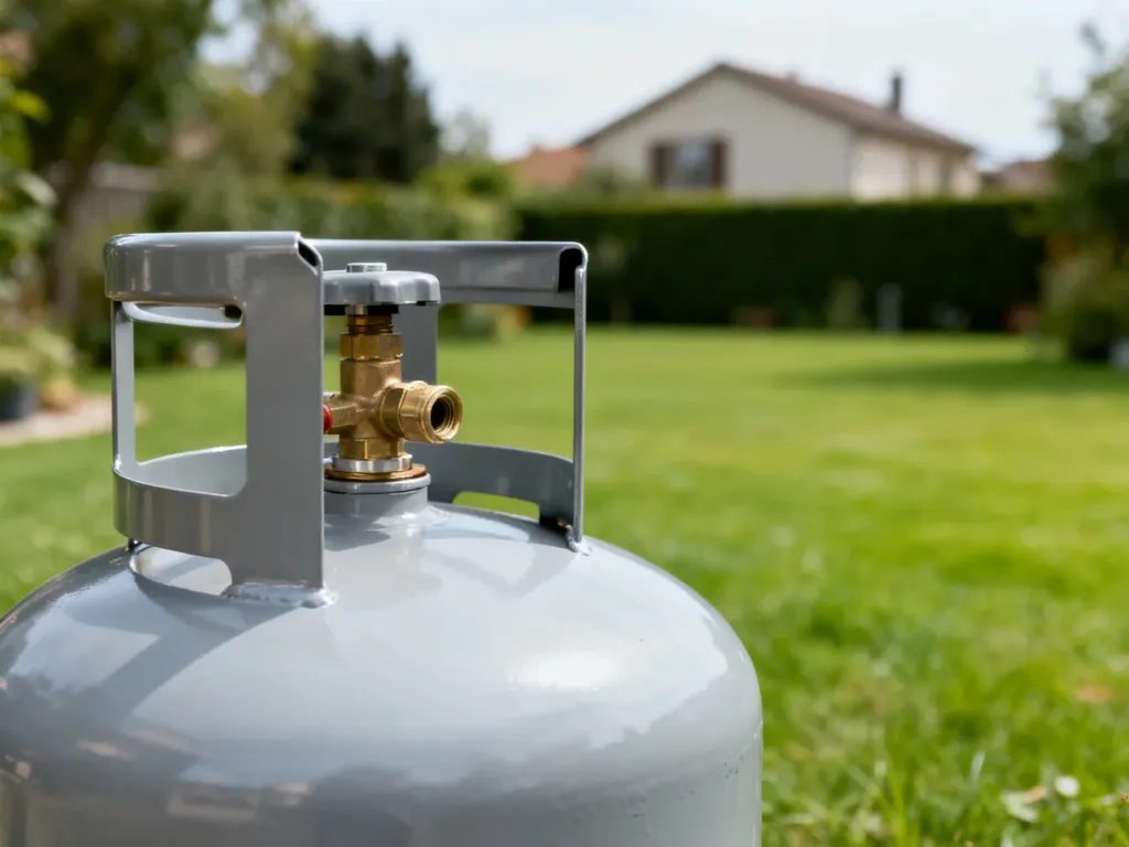 Nowoczesny, jasnoszary zbiornik na gaz LPG ustawiony w przydomowym ogrodzie. Widoczny zawór bezpieczeństwa i obudowa.