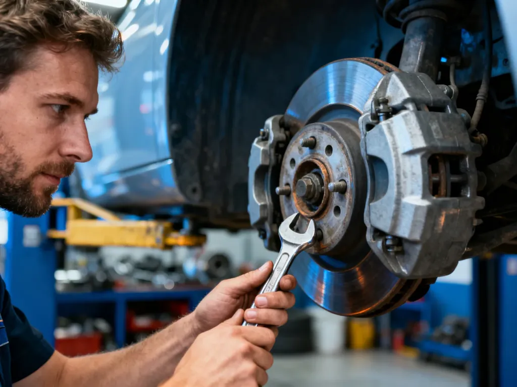 Mechanik używa klucza przy zacisku hamulcowym, wykonując prace serwisowe przy układzie hamulcowym samochodu.