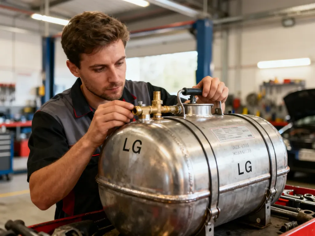 Mechanik samochodowy w profesjonalnym warsztacie dokładnie sprawdza zbiornik LPG w celu jego legalizacji.