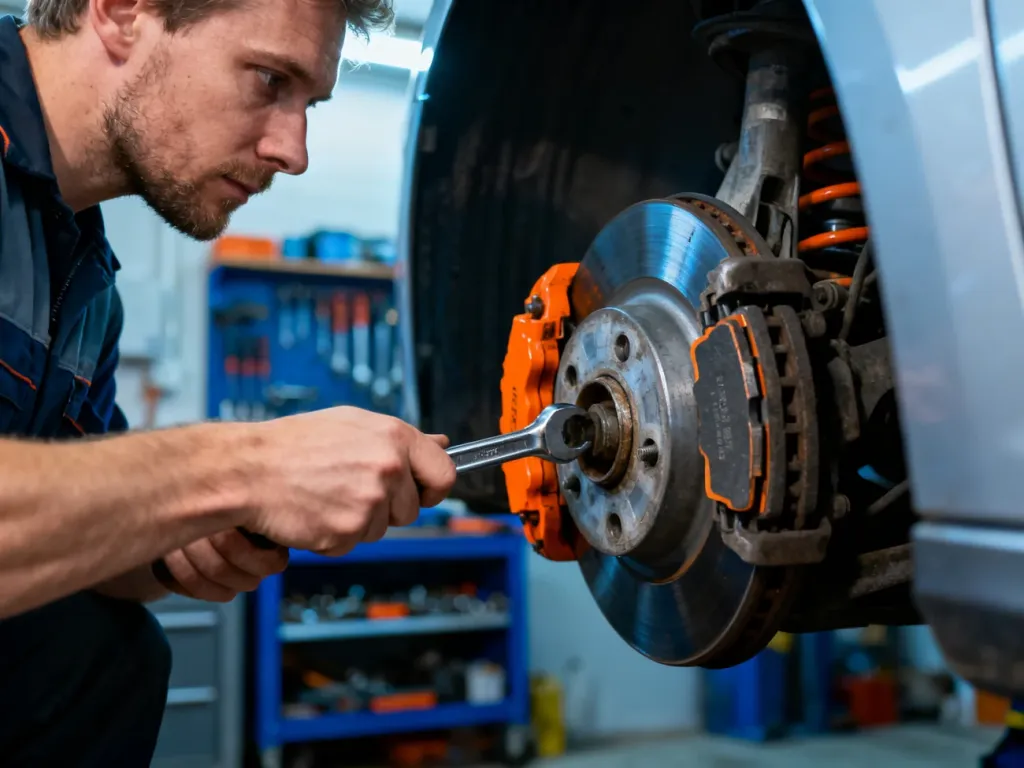 Mechanik w przydomowym warsztacie używa klucza do wymiany klocków hamulcowych w kole samochodu.