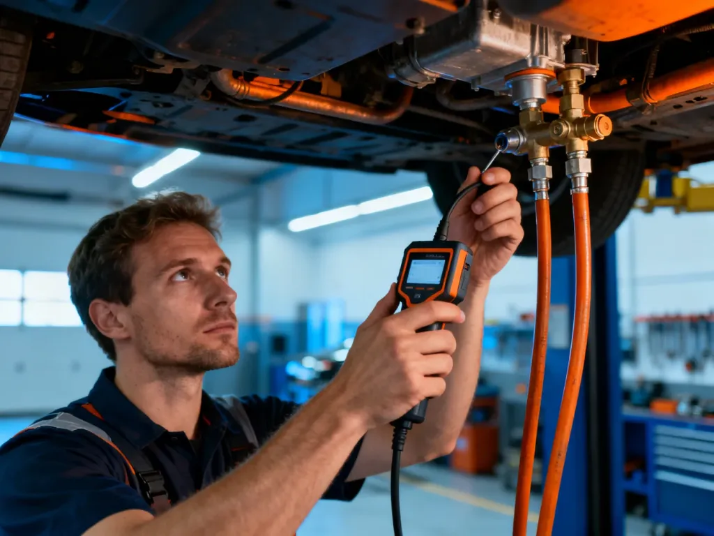 Mechanik sprawdza instalację gazową w samochodzie przy użyciu narzędzia diagnostycznego w profesjonalnym warsztacie.