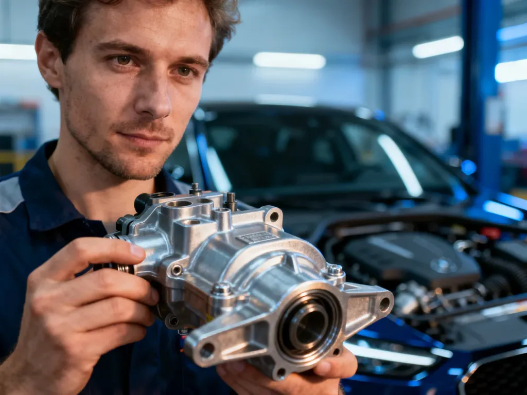 Mechanik trzymający metalową część silnika w profesjonalnym warsztacie, w tle widoczna komora nowoczesnego silnika.
