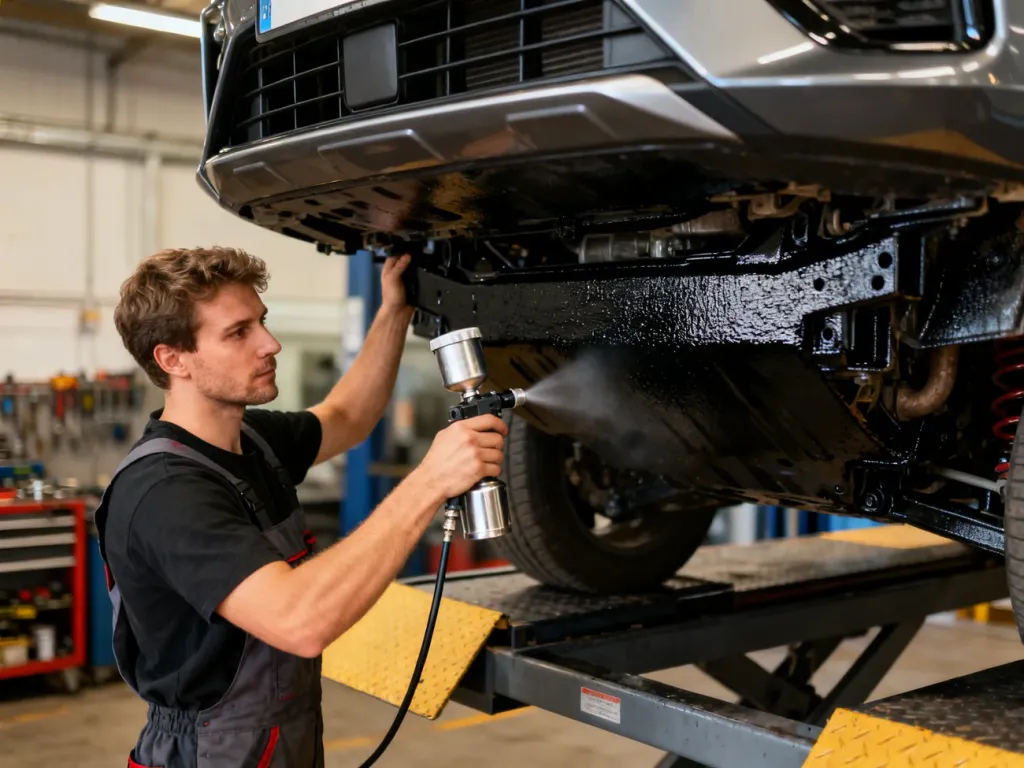 Mechanik w profesjonalnym kombinezonie nanosi czarną powłokę antykorozyjną na podwozie samochodu uniesionego na podnośniku.