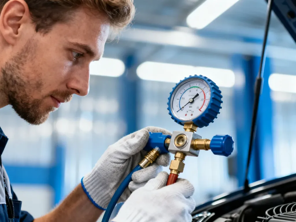 Mechanik podłącza manometr do zaworu klimatyzacji samochodowej w profesjonalnym warsztacie.