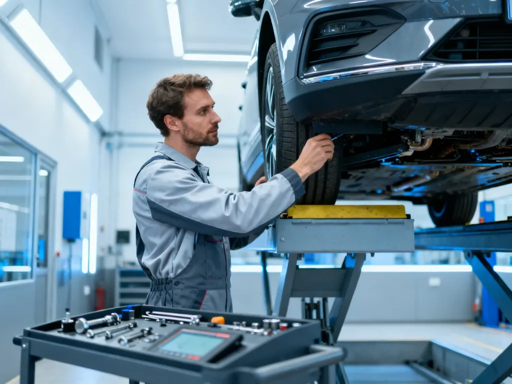Mechanik w czystym kombinezonie dokonuje przeglądu podwozia samochodu na podnośniku w profesjonalnej stacji kontroli pojazdów.