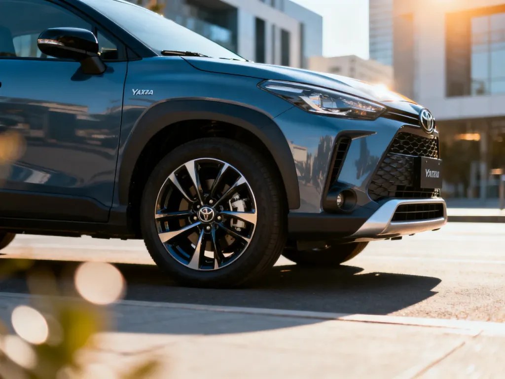 Nowoczesna Toyota Yaris Cross zaparkowana na miejskiej ulicy, prezentująca dynamiczny design i detale nadwozia.
