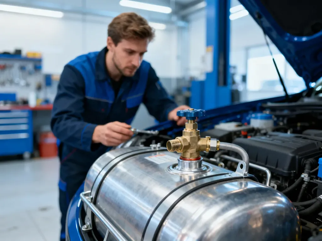 Mechanik dokonuje przeglądu zbiornika LPG w samochodzie, sprawdzając stan techniczny i zawór instalacji w profesjonalnym warsztacie.