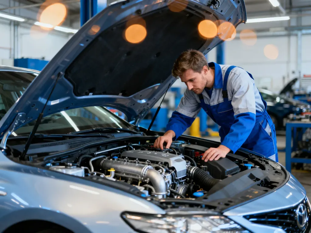 Mechanik samochodowy dokonuje przeglądu silnika w nowoczesnym aucie w profesjonalnym warsztacie.