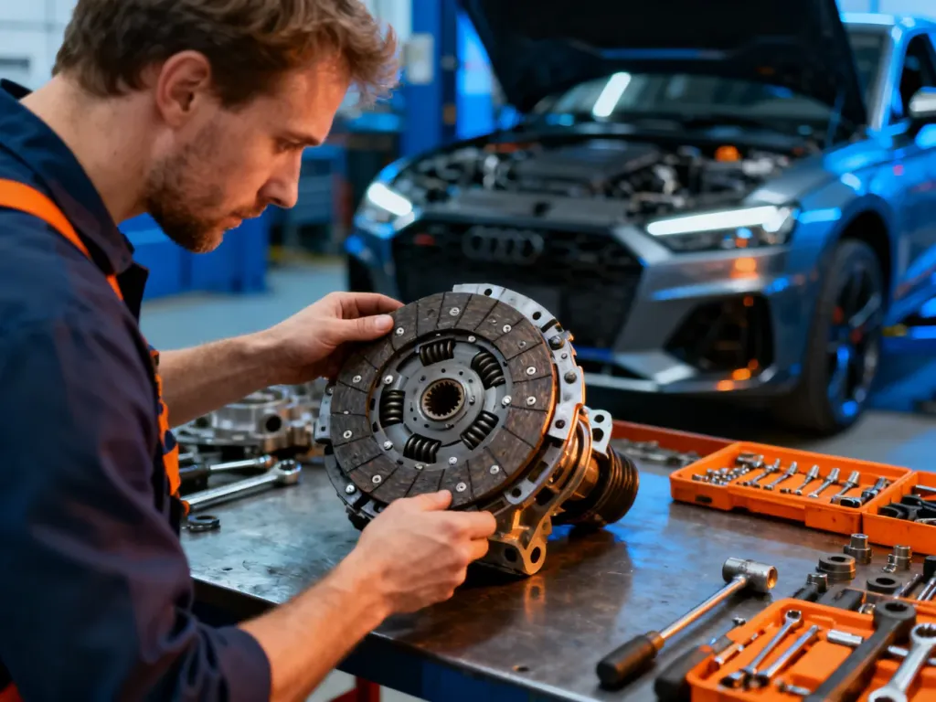 Mechanik w profesjonalnym warsztacie dokonuje przeglądu części sprzęgła samochodowego na stole warsztatowym.
