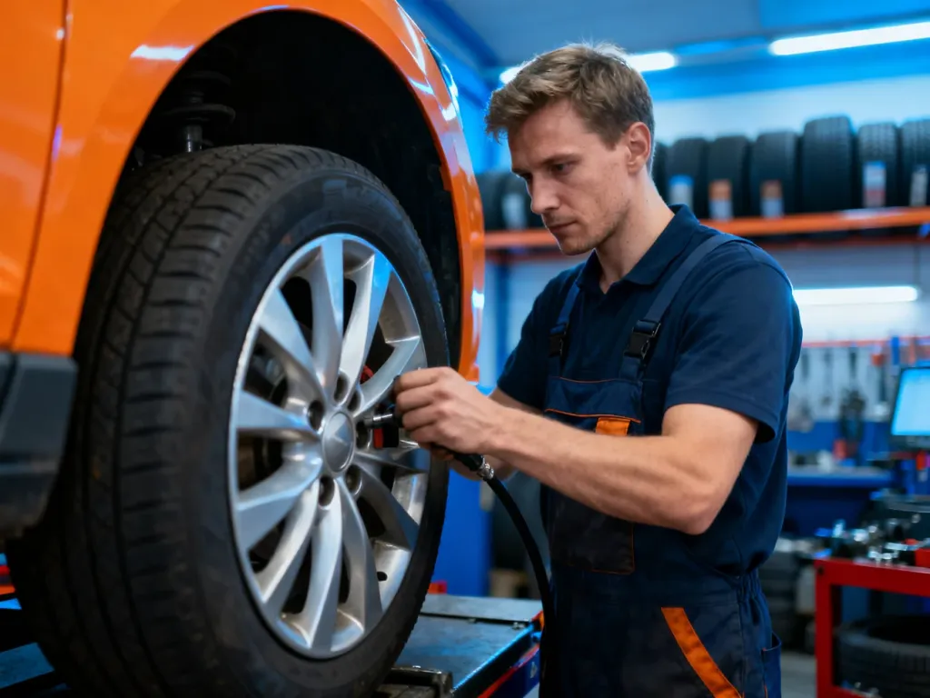 Mechanik w profesjonalnym serwisie wulkanizacyjnym skupiony na precyzyjnej wymianie opony w samochodzie.