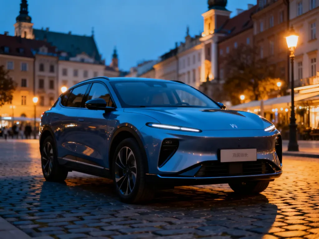 Nowoczesny chiński SUV elektryczny zaparkowany na tle zabytkowej architektury polskiego miasta o zmierzchu.