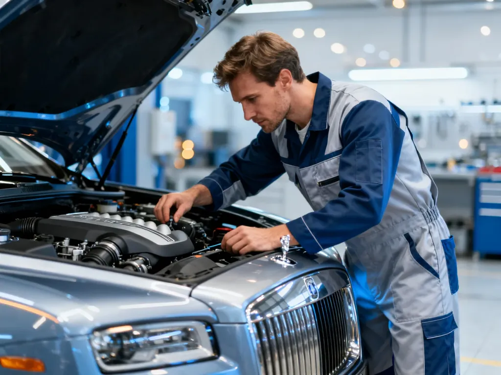 Mechanik w profesjonalnym warsztacie dokonuje szczegółowego przeglądu silnika nowoczesnego samochodu BMW.