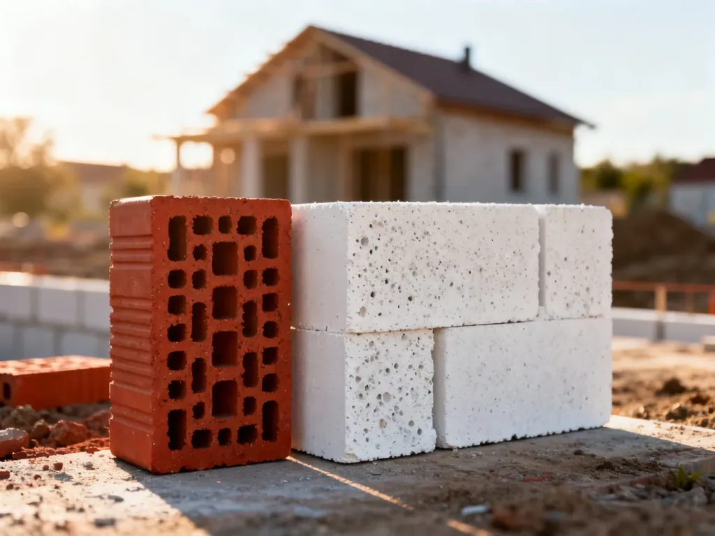 Porównanie czerwonych pustaków ceramicznych i białych bloczków z betonu komórkowego na placu budowy.