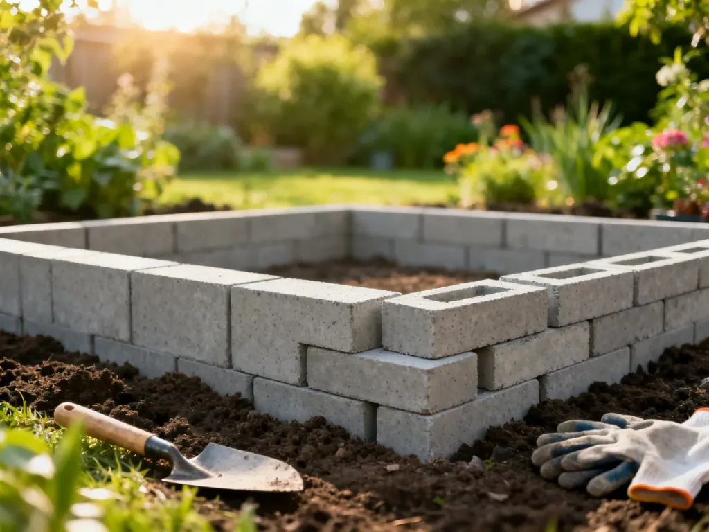 Betonowe bloczki ułożone na ziemi jako fundament podwyższonej grządki w ogrodzie, obok leżą narzędzia ogrodnicze.