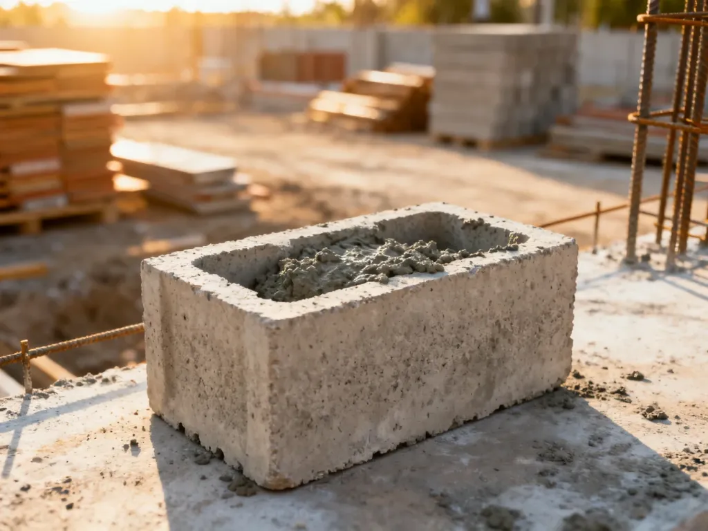 Pustak szalunkowy w połowie wypełniony świeżą mieszanką betonową na placu budowy.