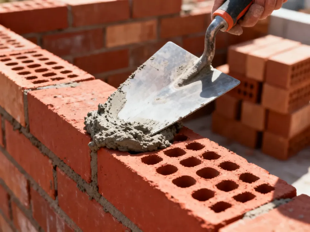 Kielnia nakładająca zaprawę na pustak ceramiczny podczas budowy ściany.
