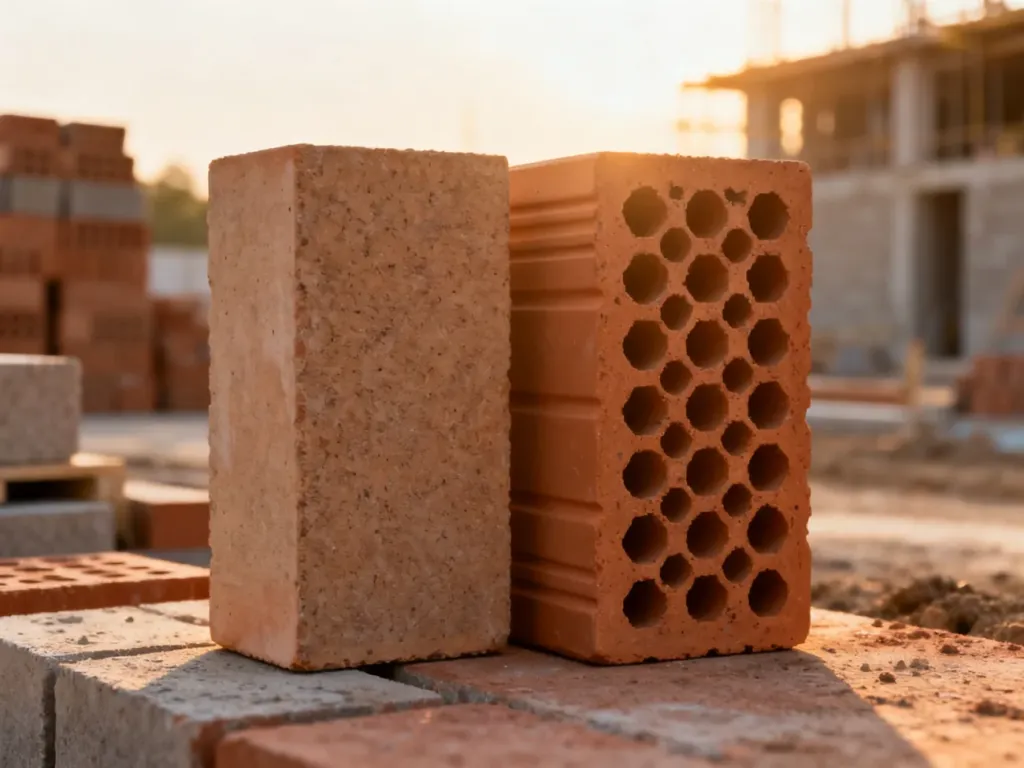 Porównanie dwóch ceramicznych pustaków o różnej grubości na placu budowy w świetle poranka.
