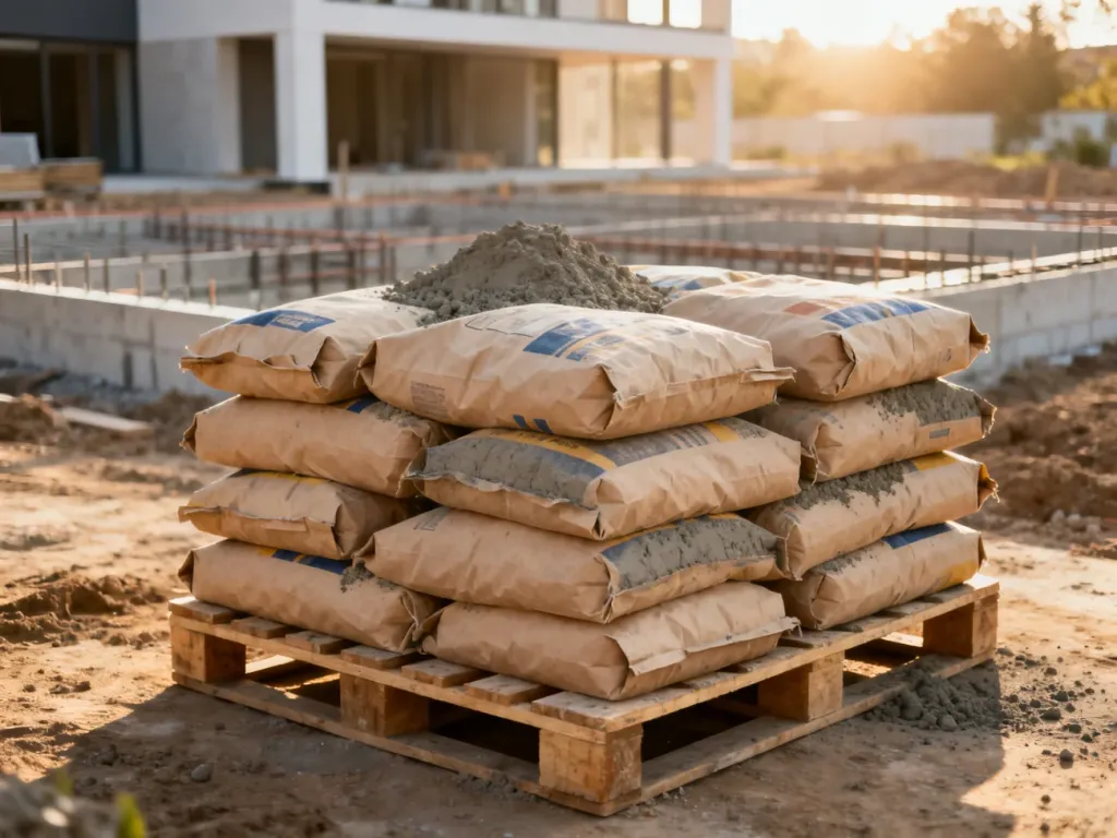 Worki z suchą mieszanką betonową ułożone na palecie na tle placu budowy z fundamentami budynku.