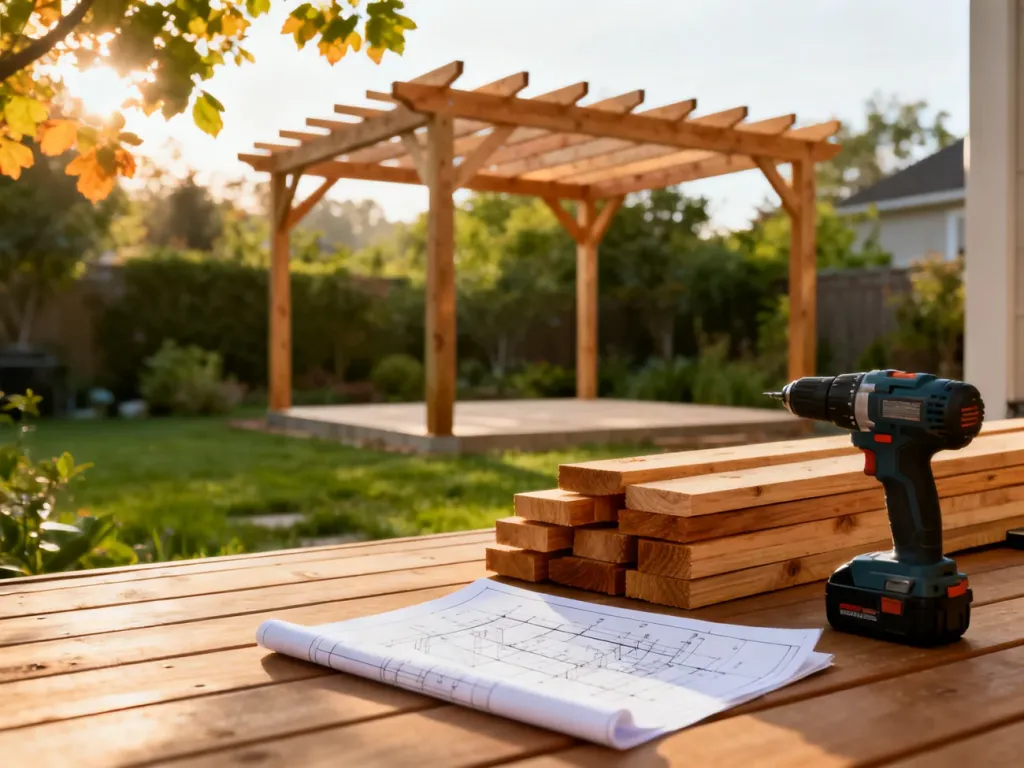 Częściowo zbudowana drewniana pergola w ogrodzie z narzędziami i projektem na tarasie.