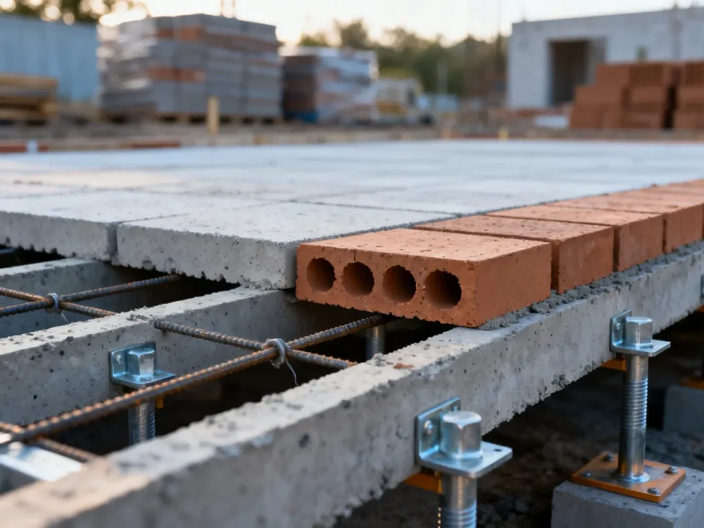Montaż stropu Teriva: betonowe pustaki układane między belkami stropowymi wspartymi na metalowych podporach.