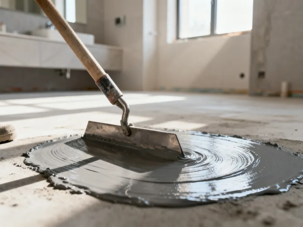 Nakładanie szarej masy hydroizolacyjnej na betonowe podłoże za pomocą metalowej pacy w remontowanej łazience.