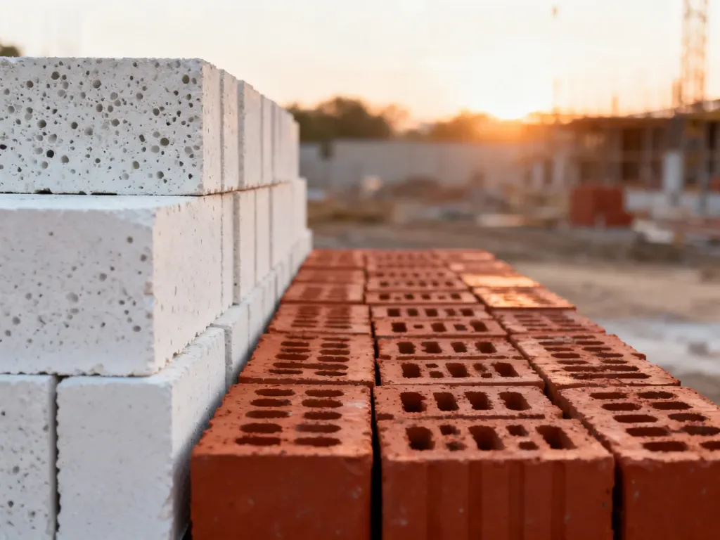 Stosy czerwonych pustaków ceramicznych i białych bloczków z betonu komórkowego na placu budowy w świetle wschodzącego słońca.