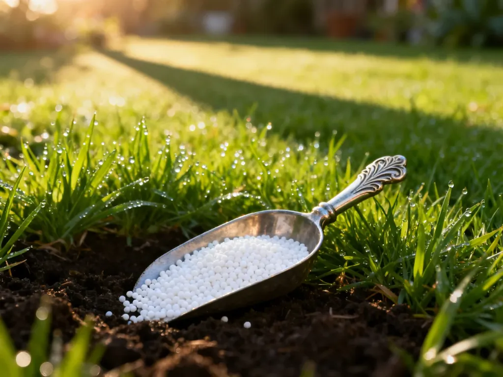 Metalowa łopatka z granulowanym nawozem na tle soczyście zielonego, porannego trawnika z kroplami rosy.