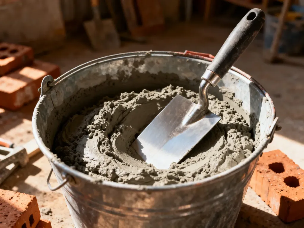 Metalowe wiadro z gotową zaprawą szamotową o gładkiej konsystencji i kielnia wewnątrz. W tle widoczne cegły szamotowe.