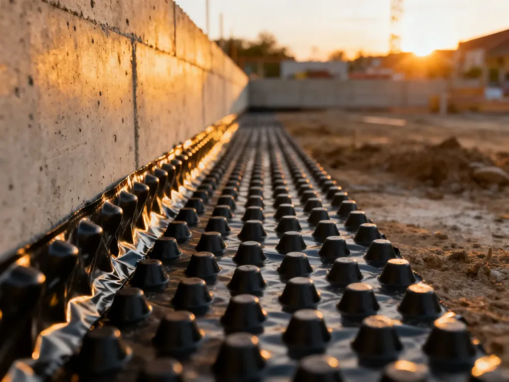 Zbliżenie na montaż czarnej folii kubełkowej na betonowej ścianie fundamentowej w świetle wschodzącego słońca.