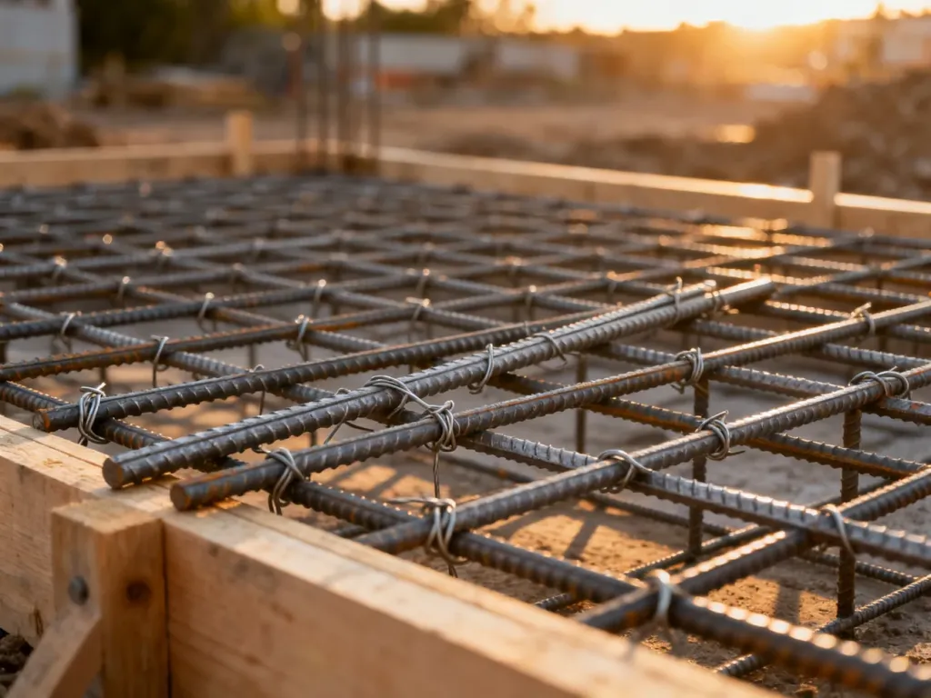 Zbrojenie z prętów stalowych przygotowane do zalania betonem wewnątrz szalunków ławy fundamentowej.