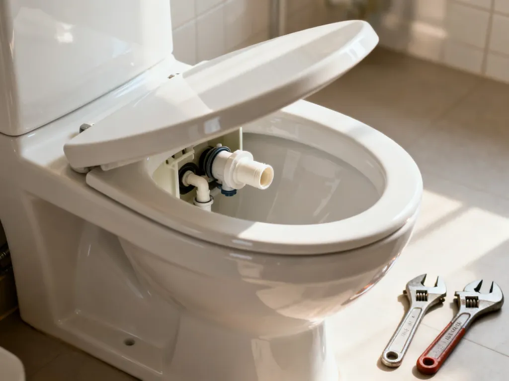 Wnętrze ceramicznej spłuczki z widocznymi mechanizmami spłukującymi oraz zestawem narzędzi hydraulicznych na podłodze.