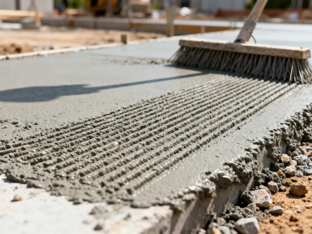 Proces szczotkowania świeżego betonu za pomocą miotły, tworzący charakterystyczne rowki na powierzchni.