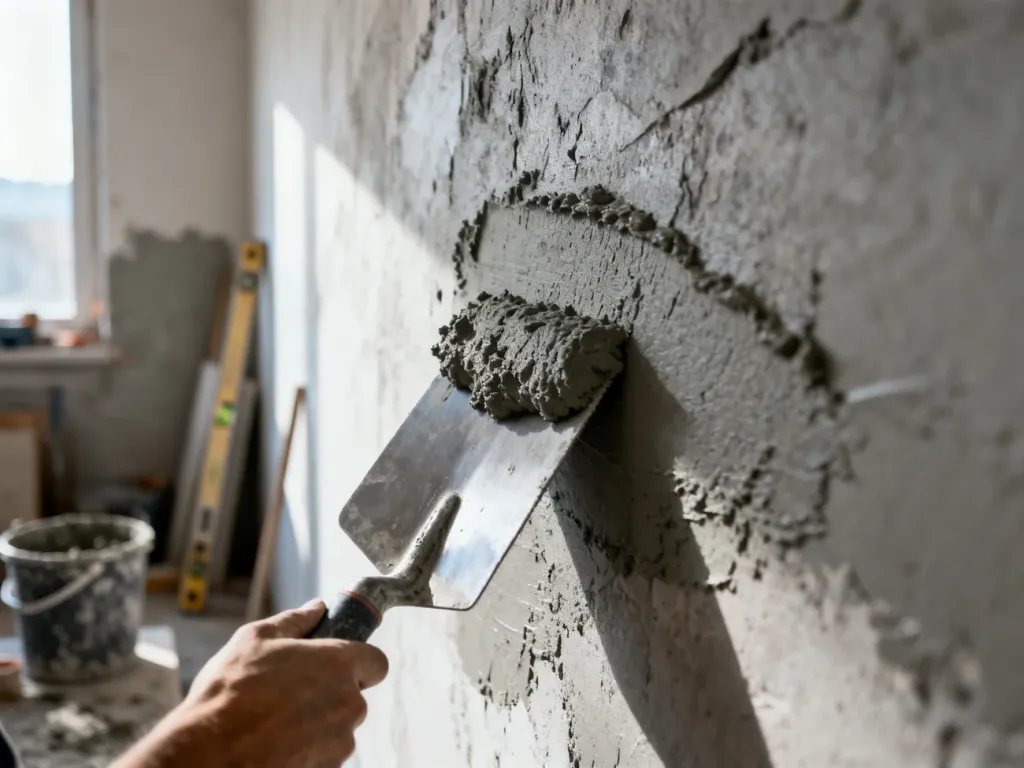 Metalowa paca nakładająca szary tynk dekoracyjny na ścianę, ukazująca proces tworzenia betonowej faktury w stylu industrialnym.
