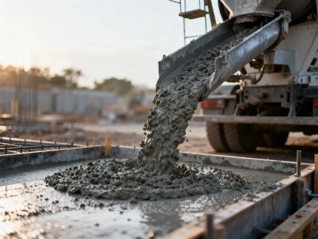 Świeży beton wylewany na placu budowy przy użyciu specjalistycznego sprzętu w chłodny poranek.