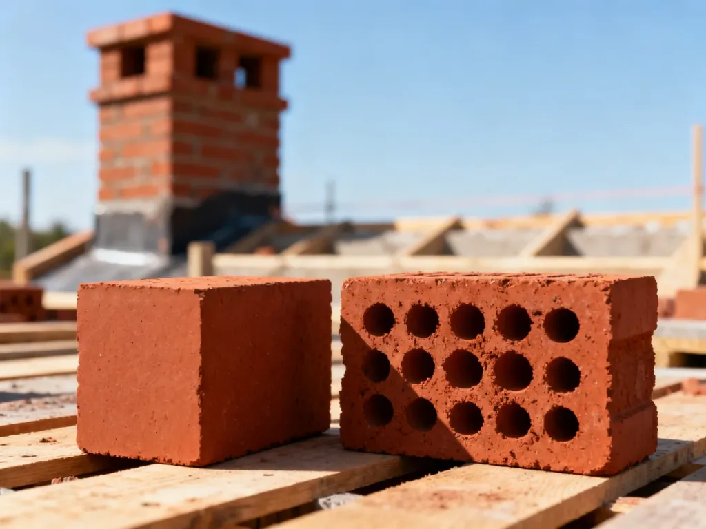 Porównanie pełnej cegły ceramicznej oraz cegły dziurawki na placu budowy w pobliżu wznoszonego komina.