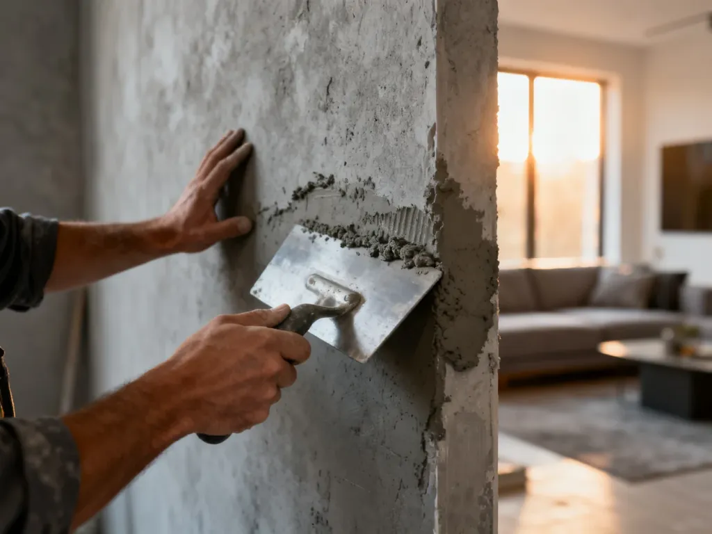 Pracownik nakłada beton architektoniczny na ścianę za pomocą stalowej pacy, tworząc surową, industrialną fakturę.