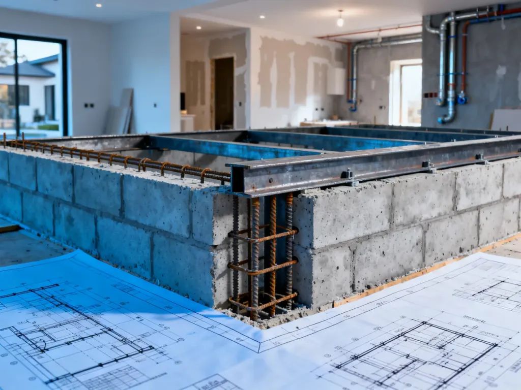 Przekrój architektoniczny ukazujący konstrukcję żelbetowej ściany nośnej oraz stalowe belki stropowe na budowie.