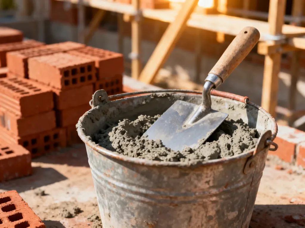 Metalowe wiadro z gotową zaprawą murarską i kielnią na tle cegieł, ilustrujące proces przygotowania mieszanki.