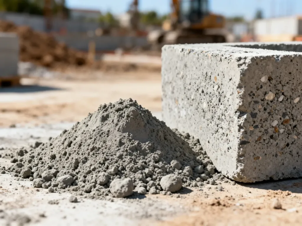 Sypki cement obok utwardzonego bloku betonowego z widocznym kruszywem na placu budowy.