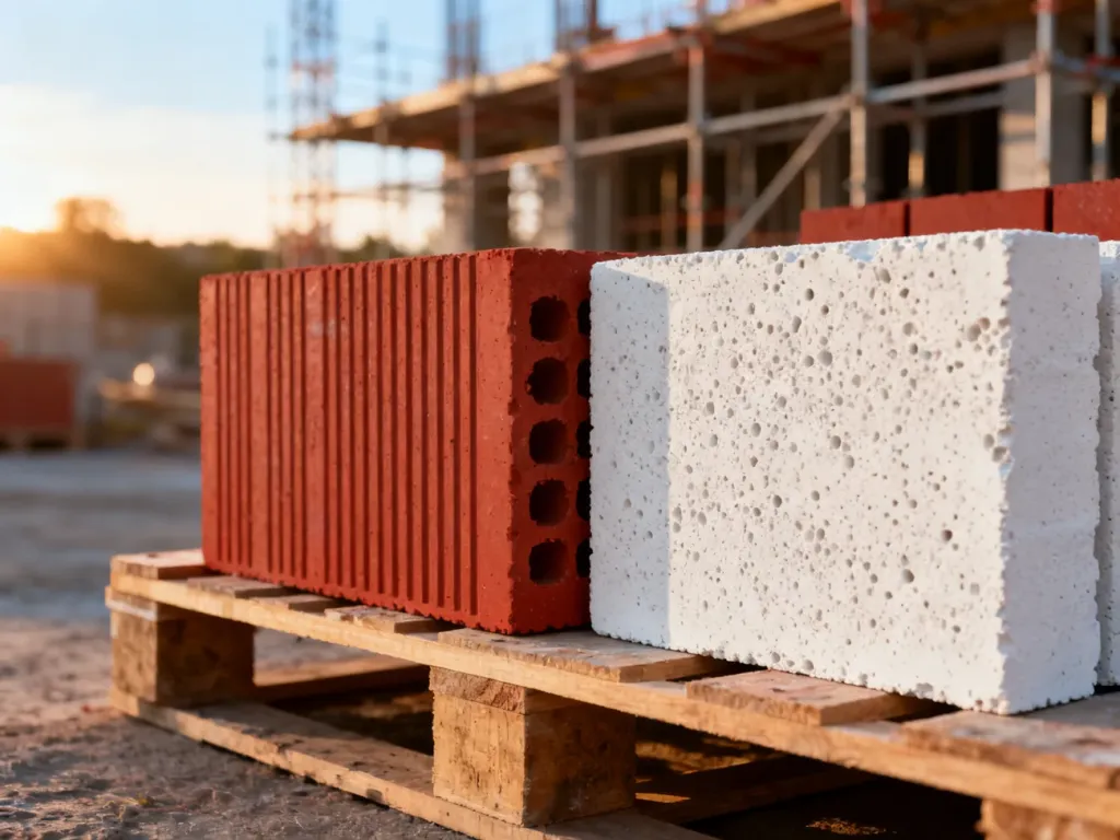 Porównanie czerwonych pustaków ceramicznych i białych bloczków z betonu komórkowego na palecie na placu budowy.