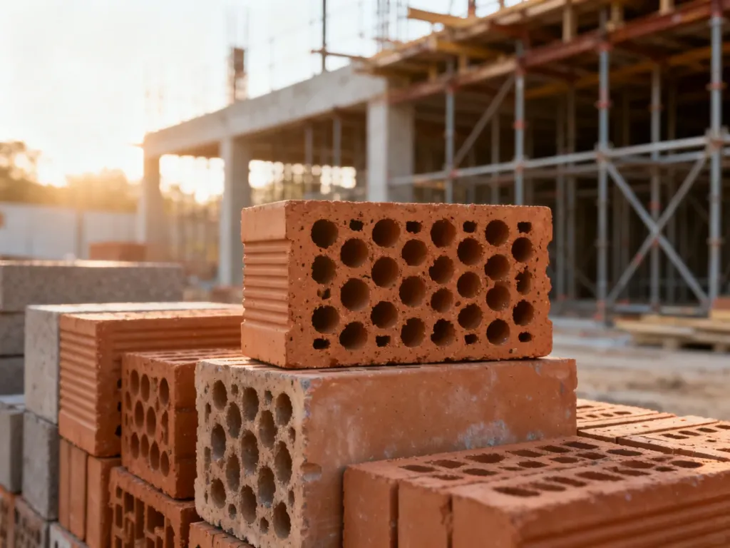 Różne rodzaje pustaków ceramicznych ułożone na placu budowy w świetle porannego słońca.
