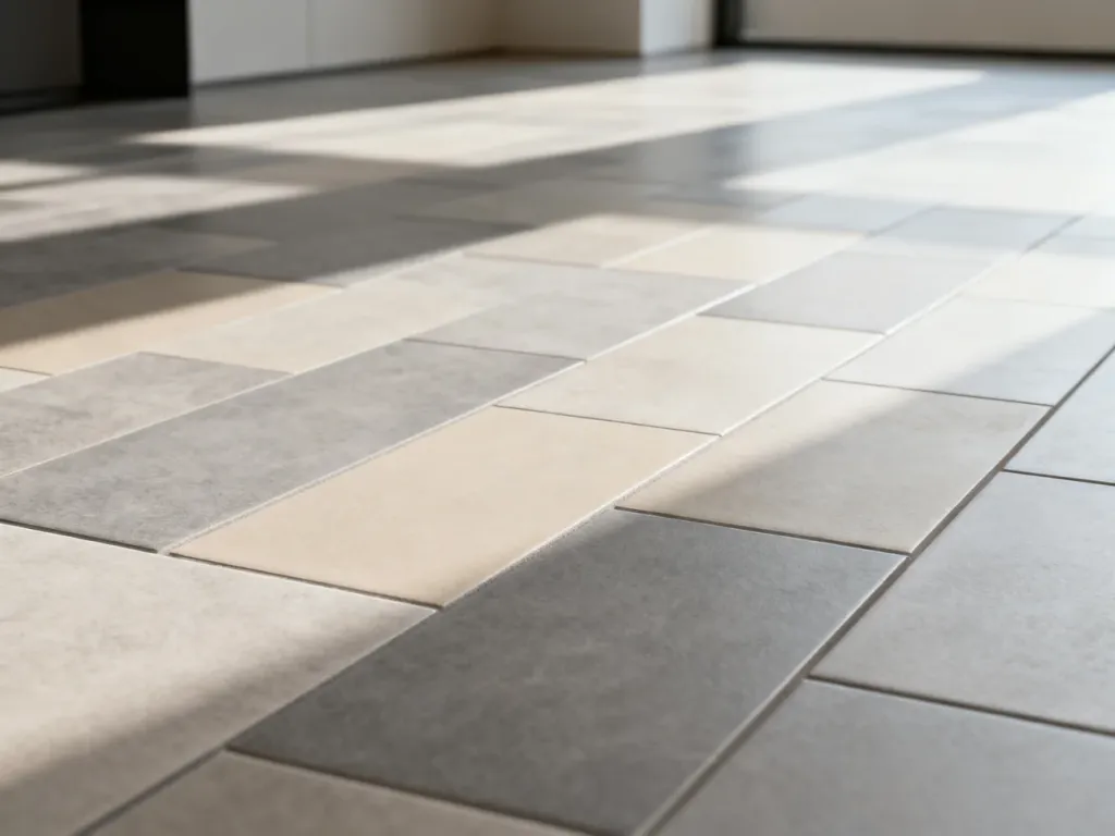 Zbliżenie na precyzyjnie ułożone płytki ceramiczne w nowoczesnym wnętrzu, prezentujące estetyczny wzór z przesunięciem.