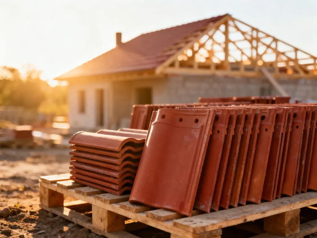 Czerwone dachówki ceramiczne ułożone na palecie na tle konstrukcji dachu domu w budowie.