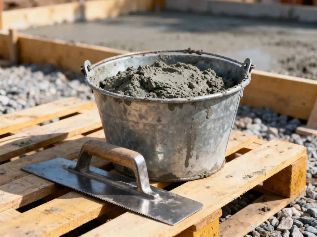 Metalowe wiadro z gotową mieszanką betonową i kielnia na drewnianej palecie na placu budowy.