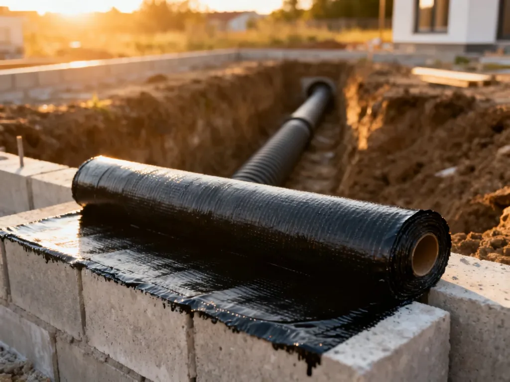 Fundament budynku pokryty czarną izolacją bitumiczną w trakcie prac budowlanych z widocznym systemem drenażu w tle.