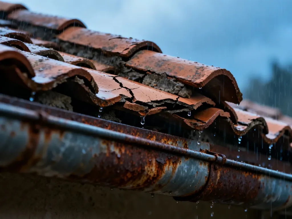 Zbliżenie na uszkodzone dachówki ceramiczne i zardzewiałą obróbkę blacharską podczas deszczu, obrazujące przyczynę nieszczelności dachu.
